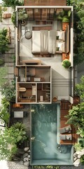 Top view of a luxury hotel pool villa