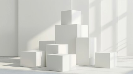 Minimalist white cubic structures displayed in a bright, sunlit room casting soft shadows, ideal for modern design and abstract art inspiration.