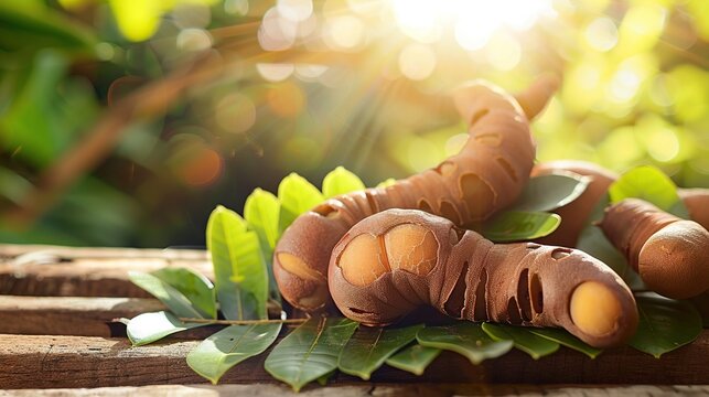 Some raw tamarind with tamarind leaf in a wooden bench with sunlight. Generative Ai