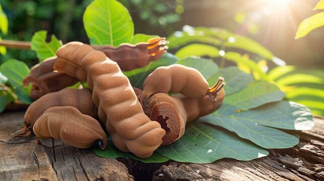 Some raw tamarind with tamarind leaf in a wooden bench with sunlight. Generative Ai