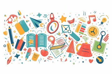 Teacher Appreciation Day banner with a collage of educational symbols, celebratory text, and vibrant colors on a clean white background