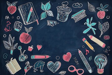 Background for Teacher Appreciation Day with hand-drawn elements of school supplies, appreciation text, and a chalkboard theme