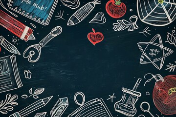 Background for Teacher Appreciation Day with hand-drawn elements of school supplies, appreciation text, and a chalkboard theme