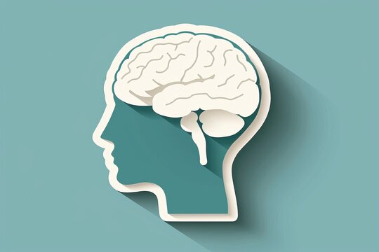 Minimalist brain and head outline on teal background, highlighting mental health and cognitive processes