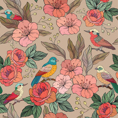 pattern with flowers, branches, leaves and birds.