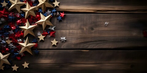 Rustic wooden background with American flags and antique brass stars patriotic decor. Concept Patriotic Photoshoot, Rustic Decor, American Flags, Antique Brass Stars, Wooden Background