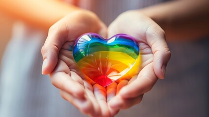 A person is holding a rainbow-colored heart in their hands.