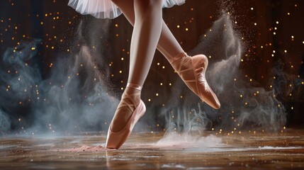 a ballerinas feet gracefully positioned in a classical ballet pose, displaying strength and flexibility. Pointed toes and arched feet convey precision and elegance in the dancers form.