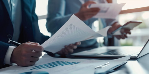 Business professionals are analyzing documents and using a laptop in a collaborative environment, highlighting teamwork, data analysis, and corporate planning amidst modern office furnishings.