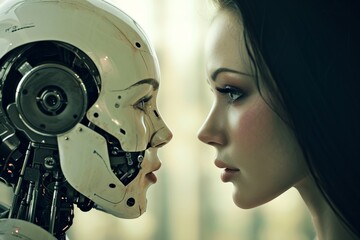 Fototapeta premium Human and robot talking to each other face to face, AI-generated