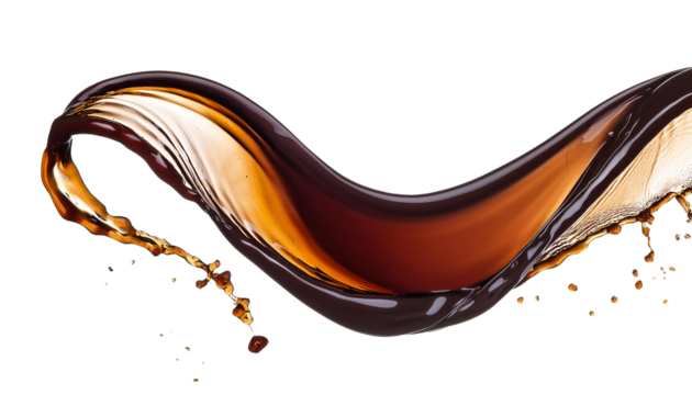 Coffee wave with drops, broken on the right. Isolated on transparent background, png