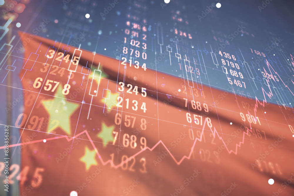 Poster multi exposure of abstract statistics data hologram interface on flag of china and blue sky backgrou