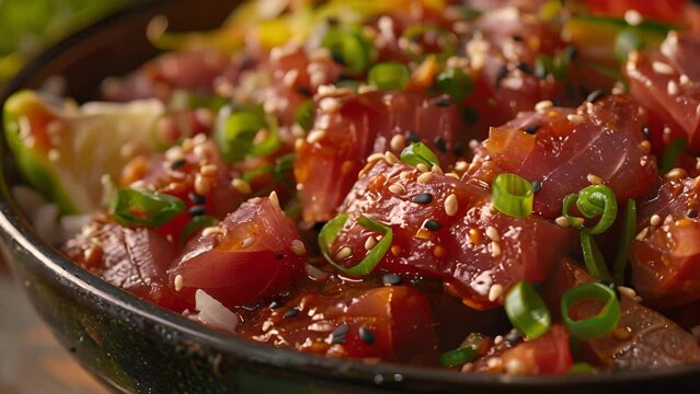 A mouthwatering poke bowl with a South Asian flair marinated tuna toasted sesame and y curry sauce.