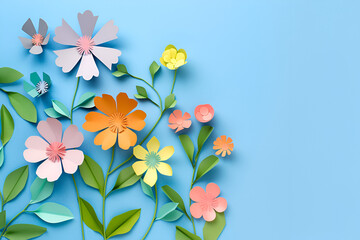 Multicolored paper cut flowers with green leaves, copy space on blue background