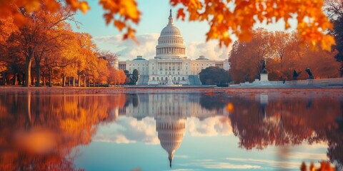 The United States Capitol reflecting on the water, framed by vibrant autumn leaves under a clear blue sky