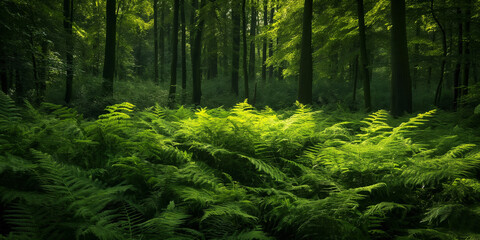 A lush view of a dense forest underbrush with radiant green ferns basking in sunlight, showcasing the vivid and verdant life within a thriving wooded environment.