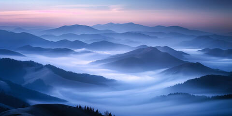 A mesmerizing dawn scene depicting fog rolling over serene mountain ranges, crafting a dreamlike panorama of smooth, undulating peaks and soft hues, embodying tranquility and awe.