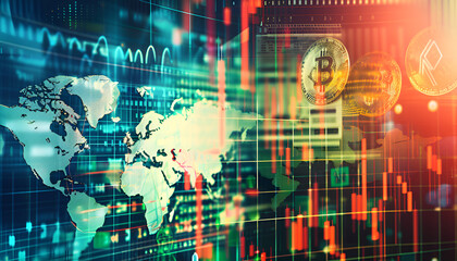 Obraz premium Money exchange. Multiple exposure with dollar banknotes, coins, digital world map and graphs