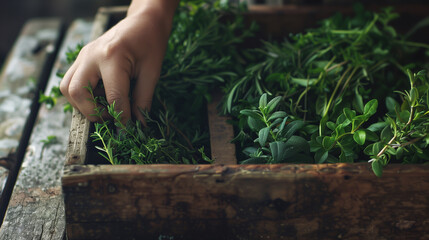 Hand Picking Fresh Herbs from a Wooden Planter