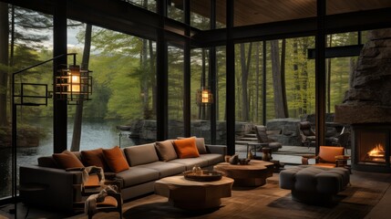 Fototapeta premium Rustic cabin lounge with midcentury flair and scenic nature view, ideal for relaxation