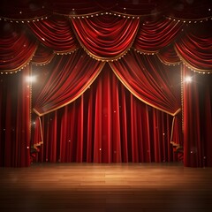 Fototapeta premium Theater or cinema background. Red stage curtain with spotlight and wooden floor. Generative AI.