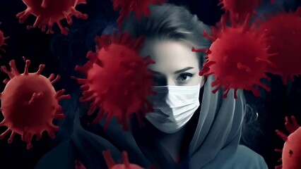 Portrait of a woman in mask and the viruses around - Powered by Adobe