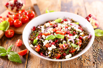 salad of lentils with tomato, feta cheese and basil