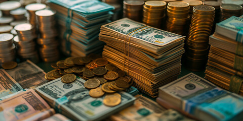 Stacks of dollar bills and coins on a wooden surface, surrounded by various documents, symbolizing financial success, investment, and wealth management in a business setting.