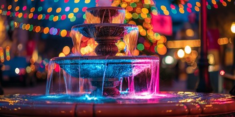 A vibrant and colorful fountain illumination against the backdrop of festive bokeh lights
