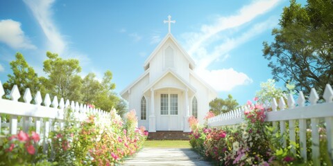 Fototapeta premium A picturesque white church at the end of a flower-lined pathway with a clear blue sky
