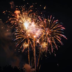 Colorful celebration fireworks isolated on black night sky background. Wonderful fireworks exploding