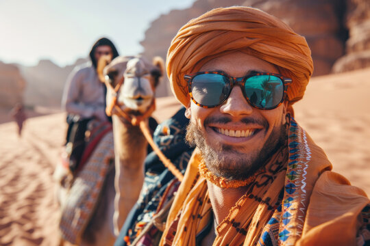 Smiling man with facial hair on vacation in the desert with a turban on his head with camels in the background. Holiday theme
