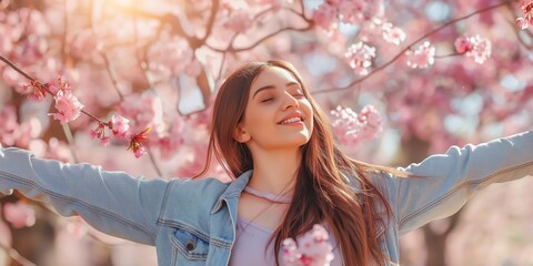 A joyful woman with open arms embraces the spring season under a cherry blossom tree