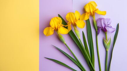 Nail Polish with yellow iris flowers on a multi-colored - white, yellow, purple-background, space for text, close-up, top view