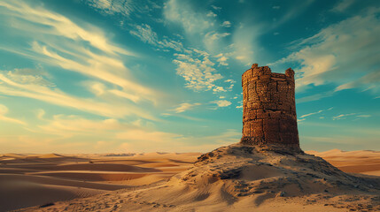 Ancient stone watchtower overlooking a vast desert landscape, with sand dunes and a dramatic sky, perfect for adventure and explorationai