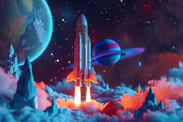 Naklejka premium Dynamic animation of a space exploration scene with rockets, planets, and stars, highlighting adventure and scientific discoveryai