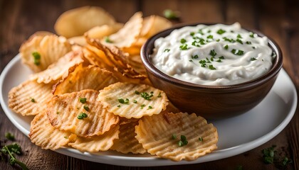 Crispy Crinkle Potato Chips and French Onion Dip on a Plate, side view. Close-up.
