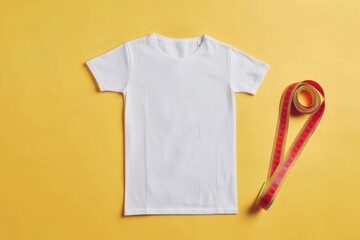 A plain slim fit t-shirt laid out flat with a tape measure representing clothing size goals