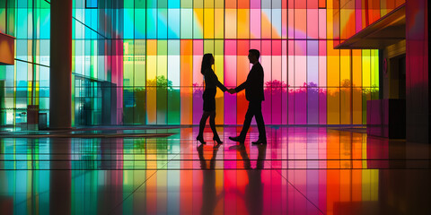 A silhouette of two business professionals shaking hands while standing in a modern building with vibrant, multicolored glass windows, marking a successful collaboration.