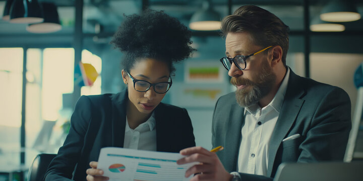 Two coworkers in a modern office environment analyze a business report sheet with charts and graphs, discussing performance metrics and strategizing for future actions.
