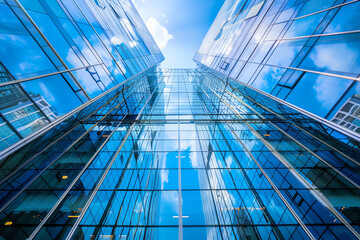 Obraz premium Modern glass facade of a corporate skyscraper reflecting the surrounding cityscape and blue sky, ideal for urban themesai