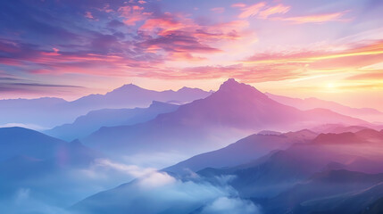 Obraz premium Panoramic view of a mountain range at sunrise, with colorful skies and mist in the valleys, perfect for travel and adventure themesai