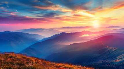 Obraz premium Panoramic view of a mountain range at sunrise, with colorful skies and mist in the valleys, perfect for travel and adventure themesai