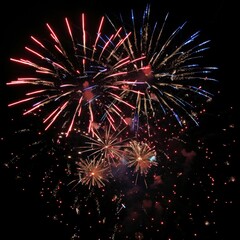 Colorful celebration fireworks isolated on black night sky background. Wonderful fireworks exploding