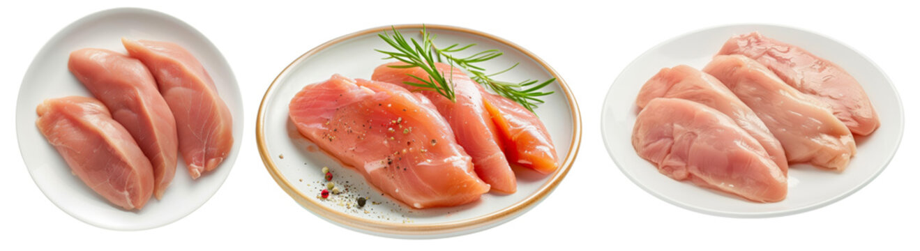 Set of raw chicken breast cut out transparent isolated on white background PNG file