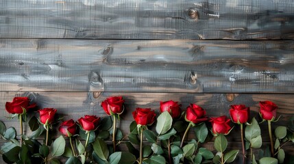 red roses on wooden surface with copy space