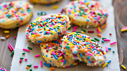 homemade colorful sugar cookies with sugas glaze and candy sparkles as topping