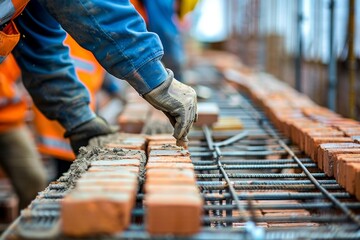 Close-up of bricklayer installing bricks on industrial building construction site