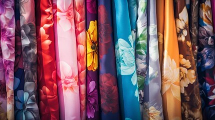 Floral patterns on fabrics, a spectrum of colors and designs selective focus Theme Diversity Surreal Double exposure Fabric store
