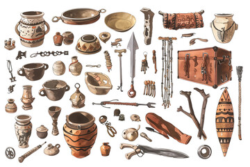 Illustrations of Ancient artifacts, including pottery, tools, and weapons, arranged neatly, showcasing a diverse range of historical items from an archaeological dig site. Transparent Background